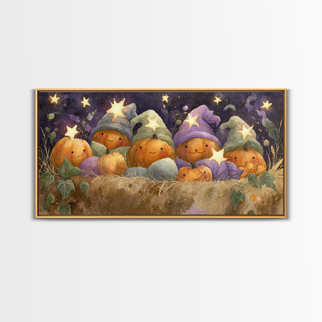 The Pumpkin Pajama Party, Watercolor Halloween Art, Wide Panoramic Art, Framed Canvas Print, Cute Halloween Wall Art