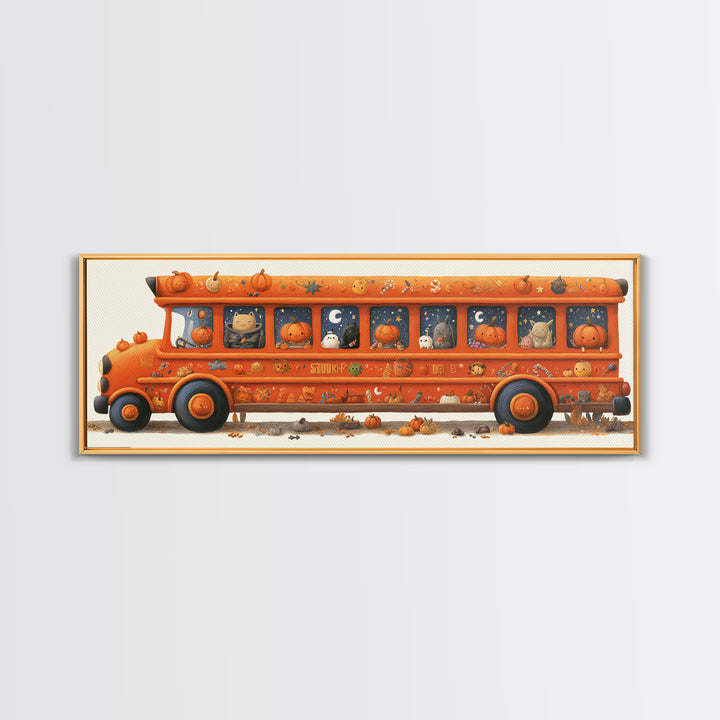 The Pumpkin School Bus, Gouache Halloween Art, Extra Wide Wall Art, Canvas Print, Cute Halloween Wall Art