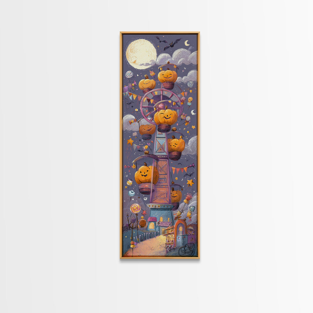 The Pumpkin Ferris Wheel, Crayon Halloween Art, Tall Narrow Wall Art, Framed Canvas Print, Cute Halloween Wall Art