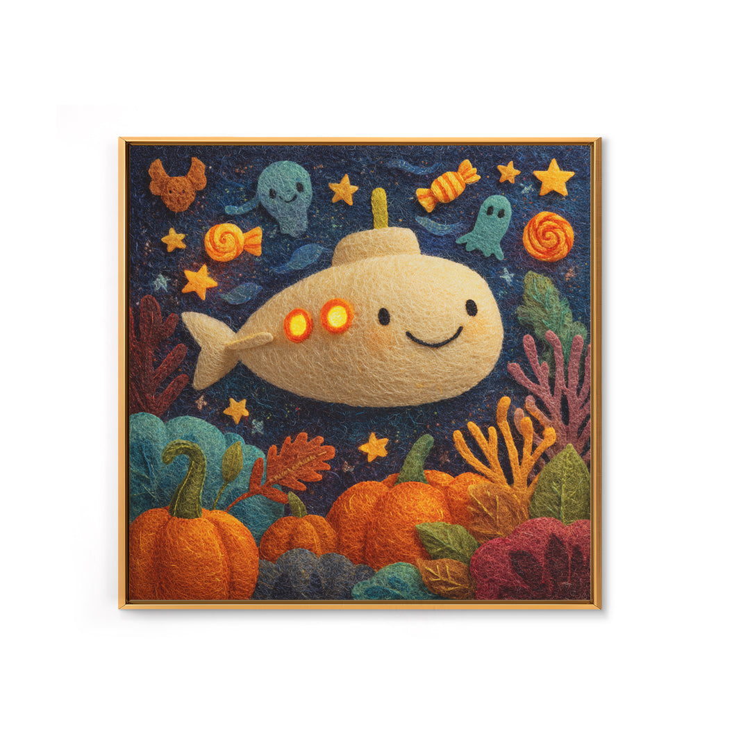 The Pumpkin Submarine, Felt Halloween Art, Square Wall Art, Canvas Print, Cute Halloween Wall Art, Halloween Kids Decor