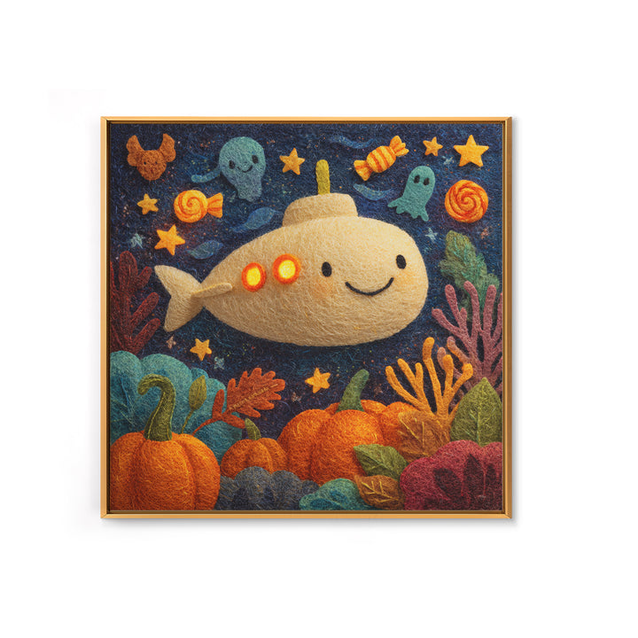The Pumpkin Submarine, Felt Halloween Art, Square Wall Art, Canvas Print, Cute Halloween Wall Art, Halloween Kids Decor