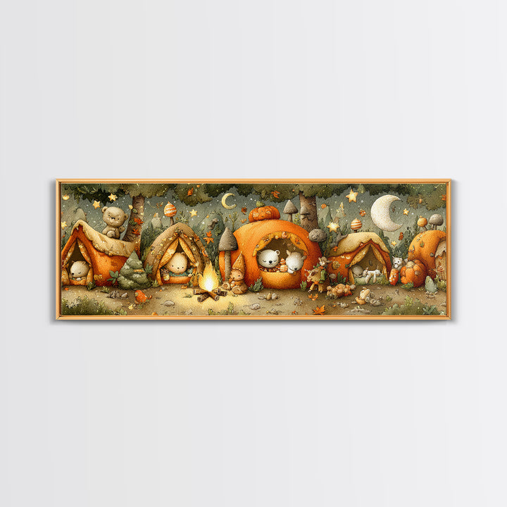 The Pumpkin Campout, Plush Halloween Art, Extra Wide Wall Art, Canvas Print, Cute Halloween Wall Art