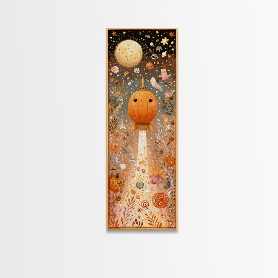 The Pumpkin Rocket Ship, Kawaii Halloween Art, Tall Narrow Wall Art, Framed Canvas Print, Cute Halloween Wall Art
