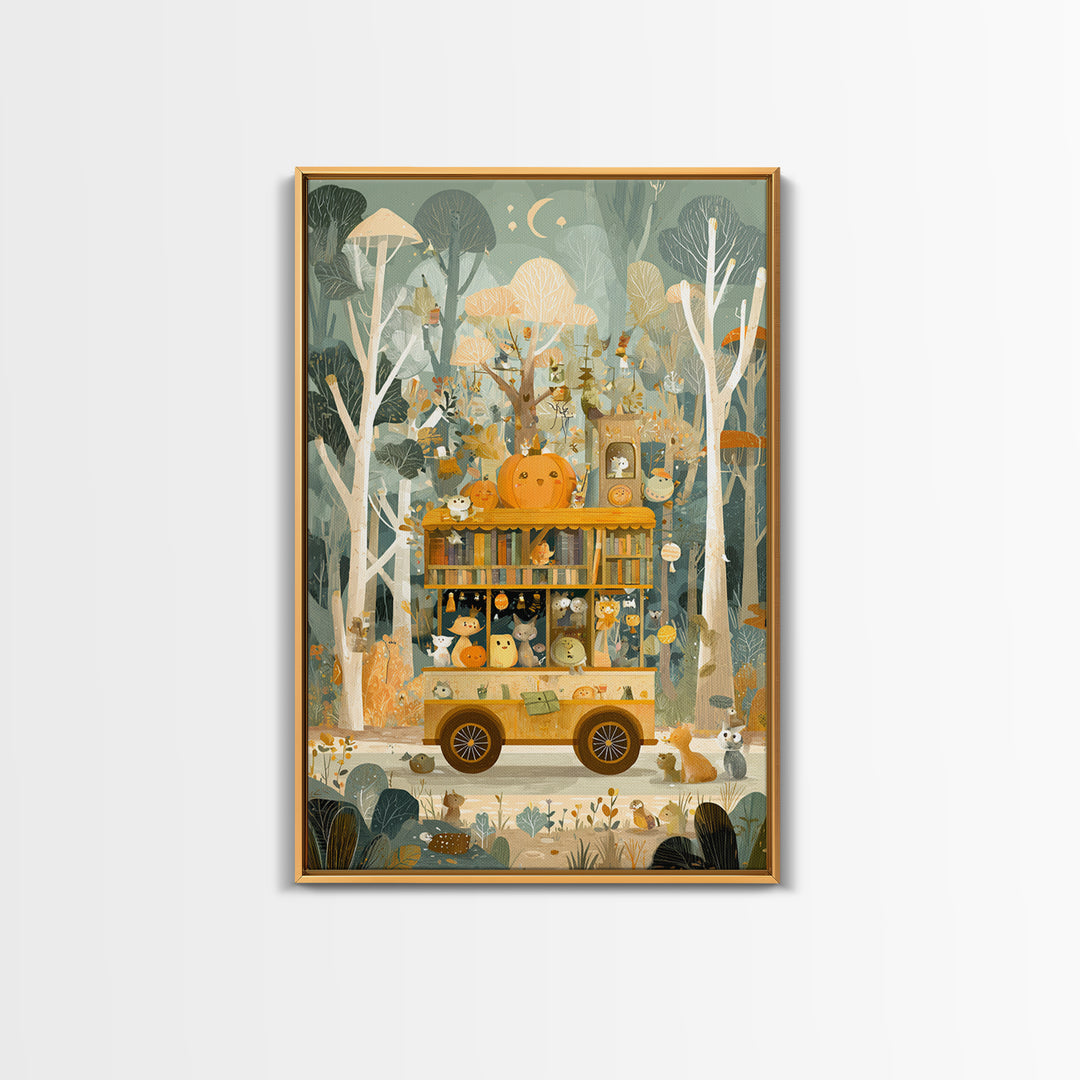 The Pumpkin Bookmobile, Retro Halloween Art, Vertical Wall Art, Canvas Print, Cute Halloween Wall Art