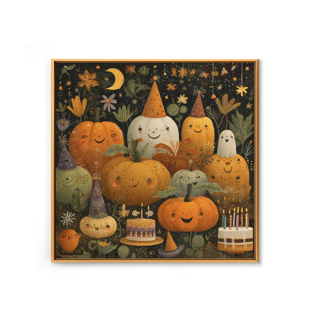 The Great Pumpkin Birthday Party, Folk Halloween Art, Square Wall Art, Canvas Print, Cute Halloween Wall Art