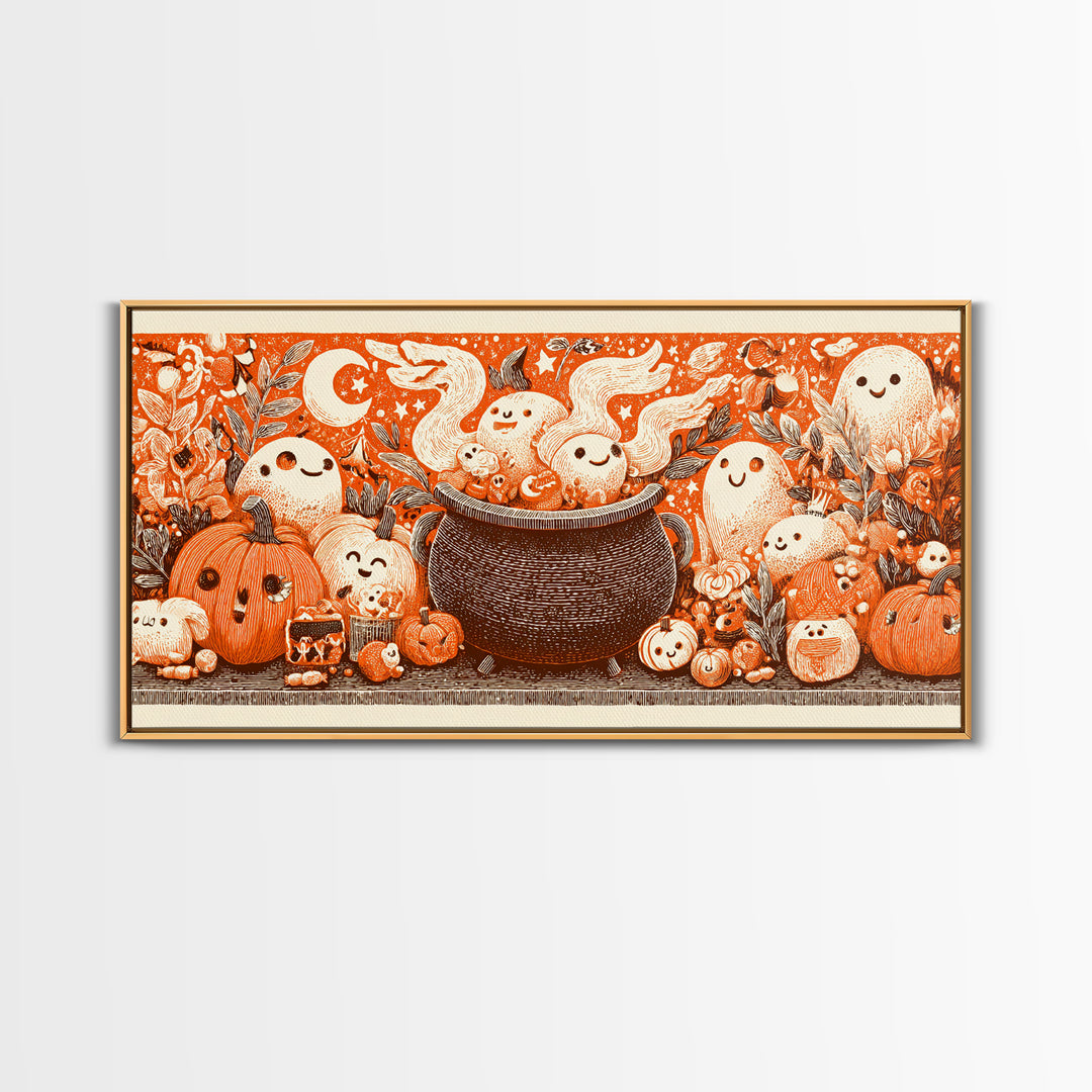 The Cookie Cauldron, Linocut Halloween Art, Wide Panoramic Art, Framed Canvas Print, Cute Halloween Wall Art