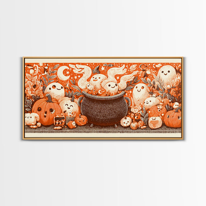 The Cookie Cauldron, Linocut Halloween Art, Wide Panoramic Art, Framed Canvas Print, Cute Halloween Wall Art