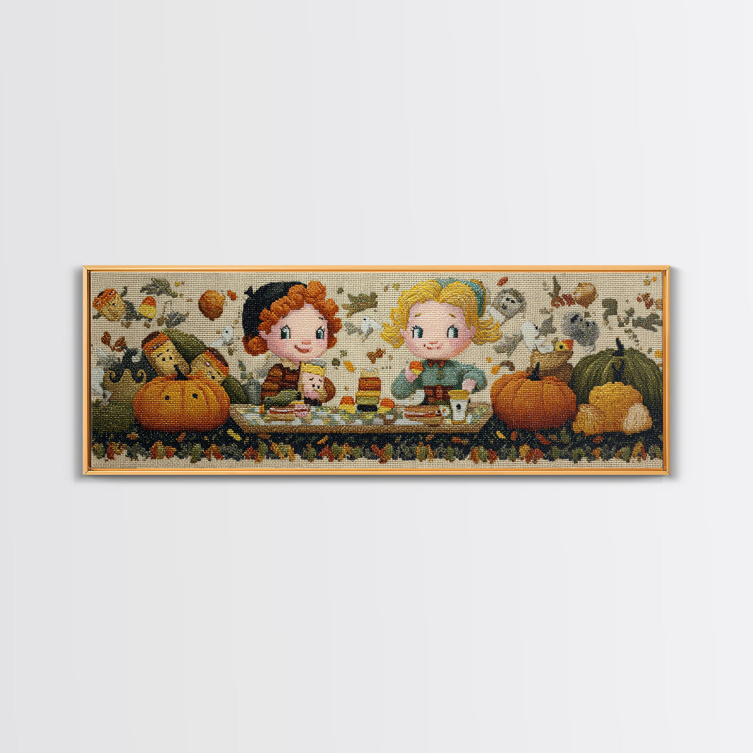 The Candy Corn Picnic, Embroidered Halloween Art, Extra Wide Wall Art, Canvas Print, Cute Halloween Wall Art