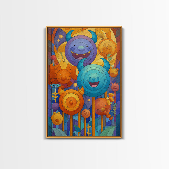 The Friendly Lollipop Monsters, Stained Glass Halloween, Vertical Wall Art, Canvas Print, Cute Halloween Wall Art