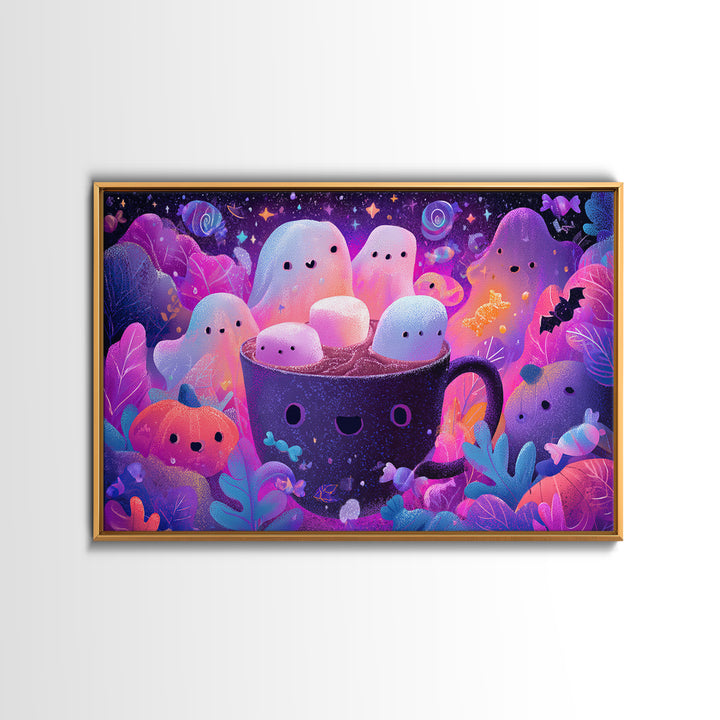 The Marshmallow Ghost Choir, Vaporwave Halloween Art, Landscape Wall Art, Framed Canvas Print, Cute Halloween Wall Art