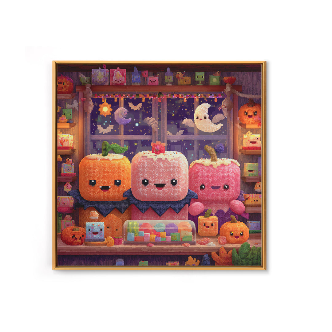 The Donut Vampire Family, Pixel Halloween Art, Square Wall Art, Canvas Print, Cute Halloween Wall Art