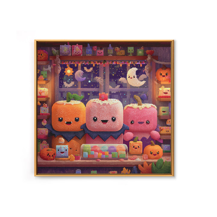 The Donut Vampire Family, Pixel Halloween Art, Square Wall Art, Canvas Print, Cute Halloween Wall Art