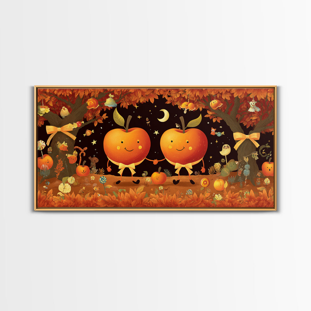 The Caramel Apple Friends, Vector Halloween Art, Wide Panoramic Art, Framed Canvas Print, Cute Halloween Wall Art