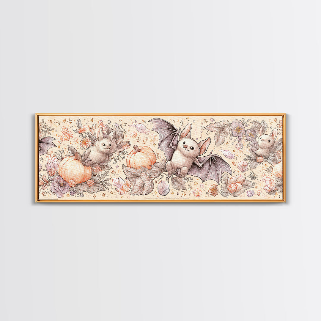 The Gummy Bat Garden, Hand Sketch Halloween Art, Extra Wide Wall Art, Canvas Print, Cute Halloween Wall Art
