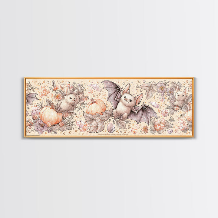The Gummy Bat Garden, Hand Sketch Halloween Art, Extra Wide Wall Art, Canvas Print, Cute Halloween Wall Art