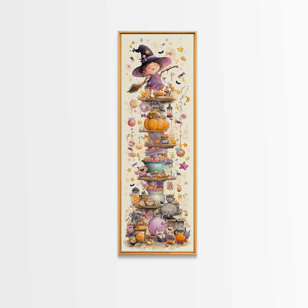 The Candy Witch'S Kitchen, Watercolor Halloween Art, Tall Narrow Wall Art, Framed Canvas Print, Cute Halloween Wall Art