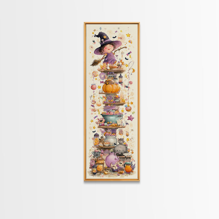 The Candy Witch'S Kitchen, Watercolor Halloween Art, Tall Narrow Wall Art, Framed Canvas Print, Cute Halloween Wall Art