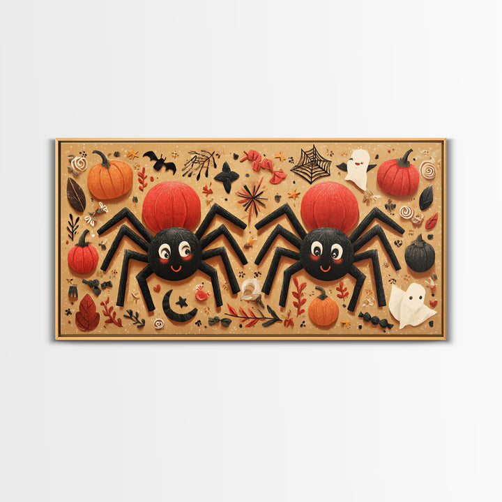 The Licorice Spider Family, Paper Collage Halloween, Wide Panoramic Art, Framed Canvas Print, Cute Halloween Wall Art
