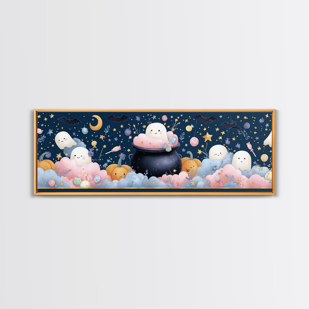 The Cotton-Candy Cauldron, Felt Halloween Art, Extra Wide Wall Art, Canvas Print, Cute Halloween Wall Art