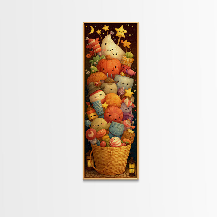 The Candy Basket Sleepover, Clay Halloween Art, Tall Narrow Wall Art, Framed Canvas Print, Cute Halloween Wall Art