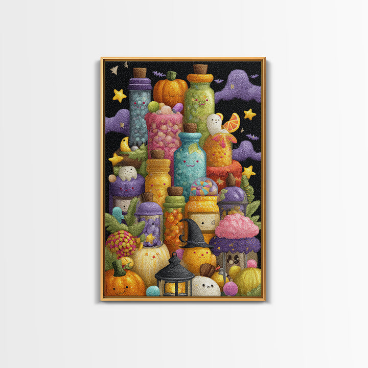 The Jellybean Potion Shop, Plush Halloween Art, Vertical Wall Art, Canvas Print, Cute Halloween Wall Art