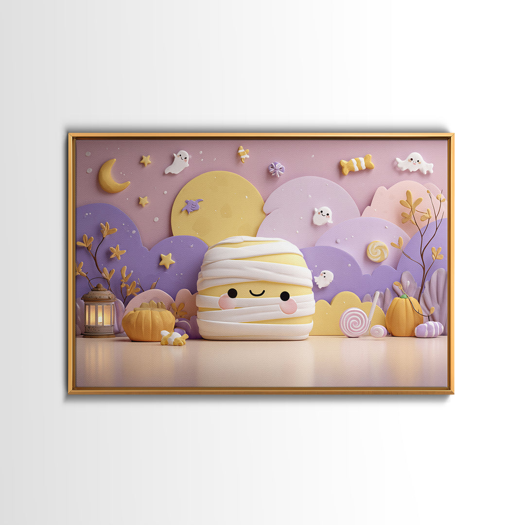 The Popcorn Mummy, Kawaii Halloween Art, Landscape Wall Art, Framed Canvas Print, Cute Halloween Wall Art