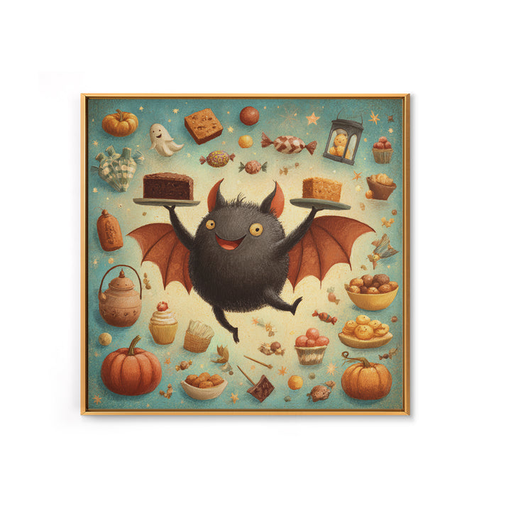 The Brownie Bat Bakery, Retro Halloween Art, Square Wall Art, Canvas Print, Cute Halloween Wall Art, Halloween Kids Decor