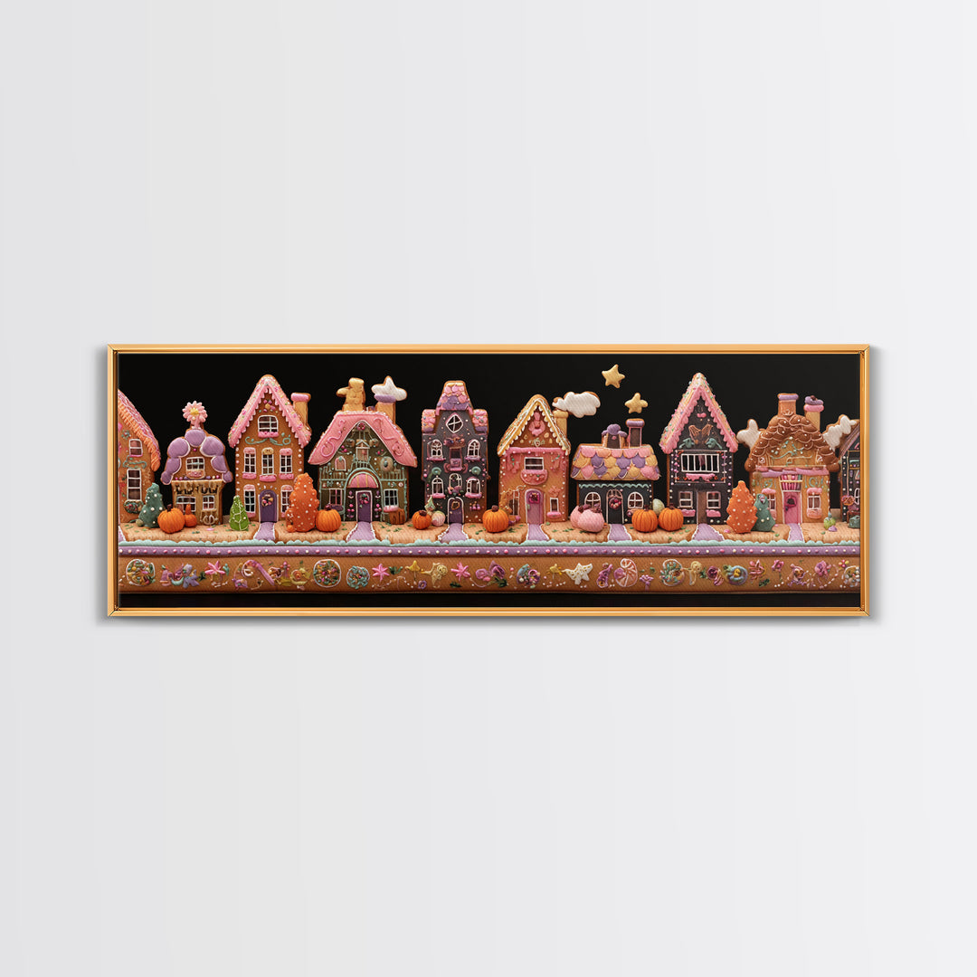 The Halloween Gingerbread Village, Folk Halloween Art, Extra Wide Wall Art, Canvas Print, Cute Halloween Wall Art