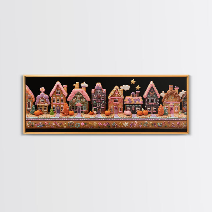 The Halloween Gingerbread Village, Folk Halloween Art, Extra Wide Wall Art, Canvas Print, Cute Halloween Wall Art