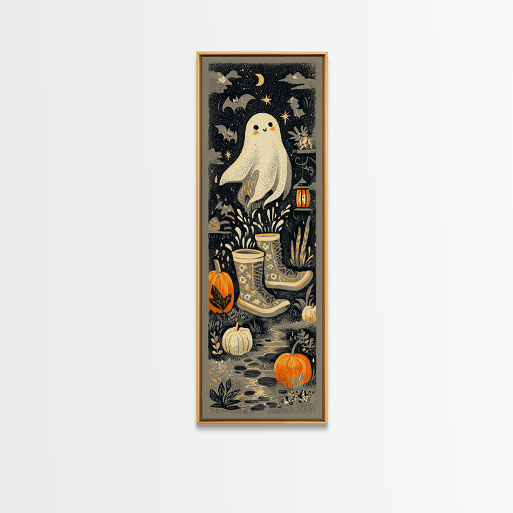 The Ghost In Rain Boots, Linocut Halloween Art, Tall Narrow Wall Art, Framed Canvas Print, Cute Halloween Wall Art