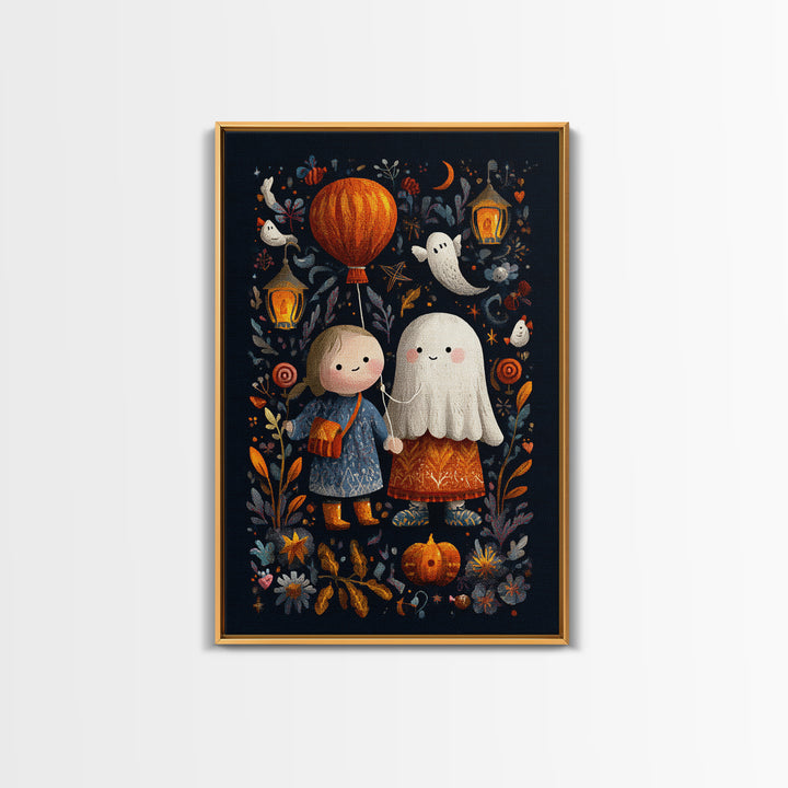 The Ghost Balloon Friend, Embroidered Halloween Art, Vertical Wall Art, Canvas Print, Cute Halloween Wall Art
