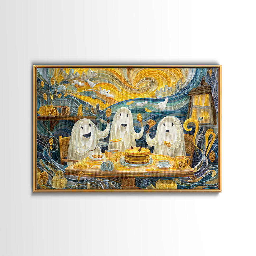 The Ghost Family Breakfast, Quilled Halloween Art, Landscape Wall Art, Framed Canvas Print, Cute Halloween Wall Art