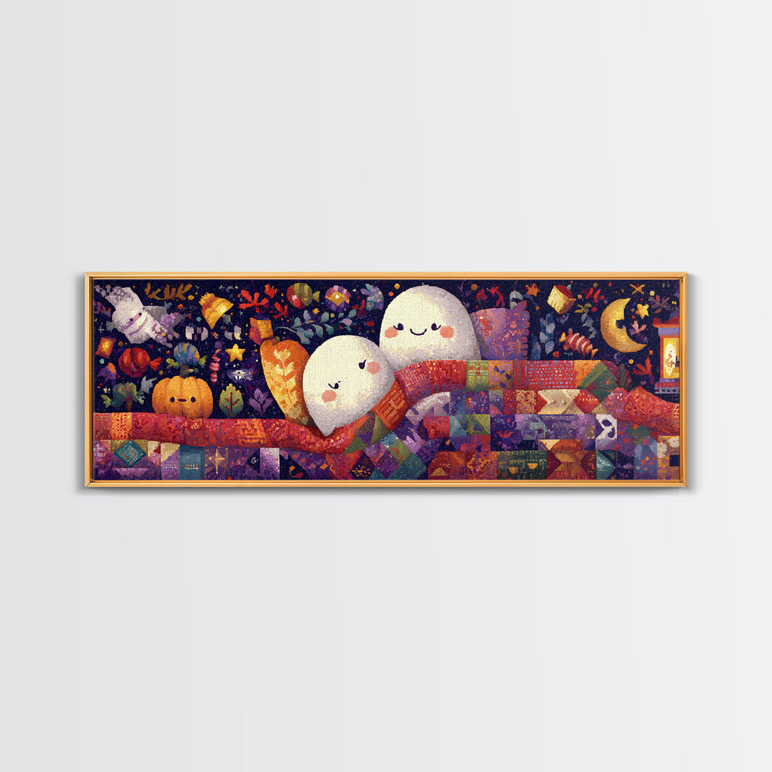 The Sleepy Blanket Ghost, Pixel Halloween Art, Extra Wide Wall Art, Canvas Print, Cute Halloween Wall Art