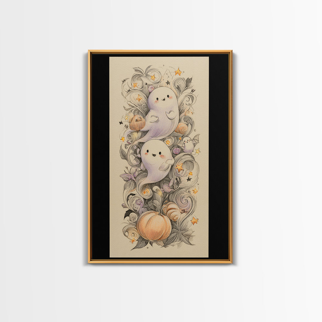 The Ghost And Firefly Friends, Hand Sketch Halloween Art, Vertical Wall Art, Canvas Print, Cute Halloween Wall Art