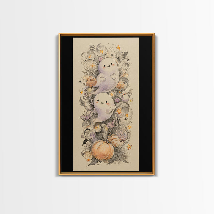 The Ghost And Firefly Friends, Hand Sketch Halloween Art, Vertical Wall Art, Canvas Print, Cute Halloween Wall Art