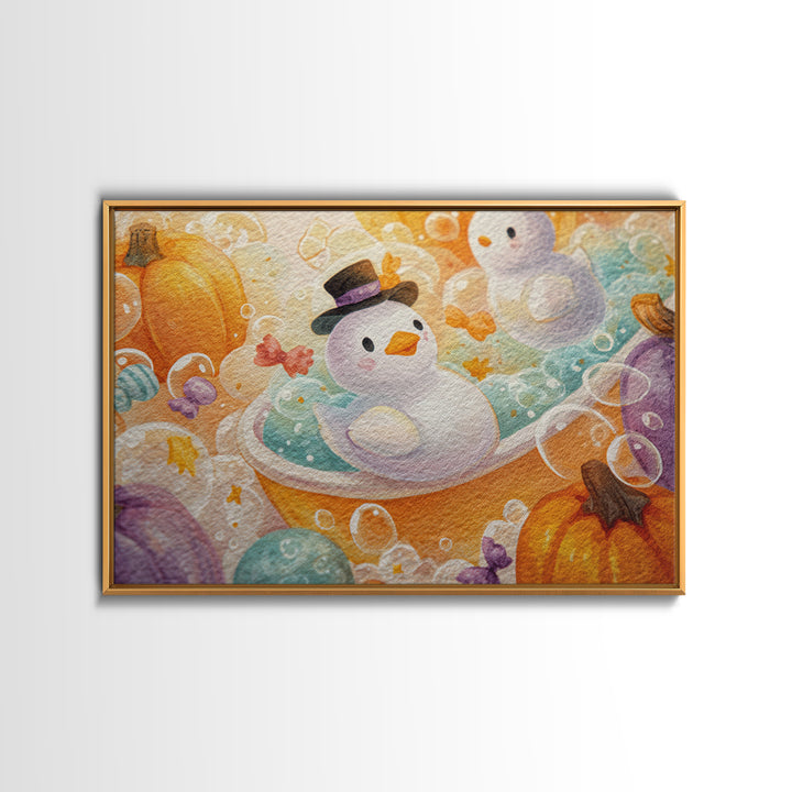 The Ghost Bubble Bath, Watercolor Halloween Art, Landscape Wall Art, Framed Canvas Print, Cute Halloween Wall Art