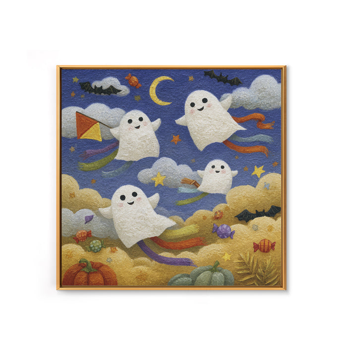 The Ghost Kite Festival, Gouache Halloween Art, Square Wall Art, Canvas Print, Cute Halloween Wall Art