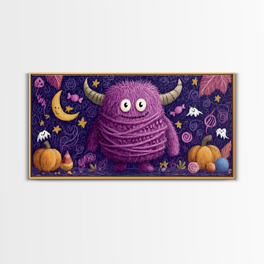 The Fuzzy Purple Monster, Crayon Halloween Art, Wide Panoramic Art, Framed Canvas Print, Cute Halloween Wall Art
