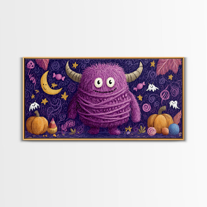 The Fuzzy Purple Monster, Crayon Halloween Art, Wide Panoramic Art, Framed Canvas Print, Cute Halloween Wall Art