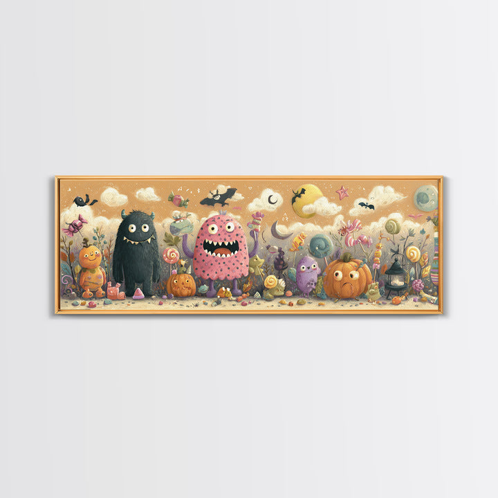 The Polka-Dot Monster, Pastel Halloween Art, Extra Wide Wall Art, Canvas Print, Cute Halloween Wall Art