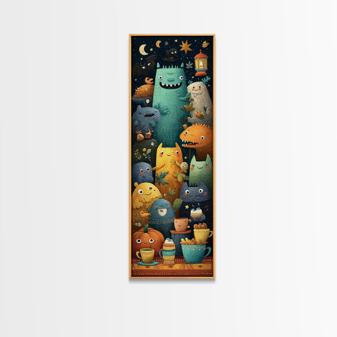 The Monster Under The Bed Tea Party, Paper Collage Halloween, Tall Narrow Wall Art, Framed Canvas Print, Cute Halloween Wall Art