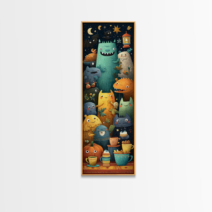 The Monster Under The Bed Tea Party, Paper Collage Halloween, Tall Narrow Wall Art, Framed Canvas Print, Cute Halloween Wall Art