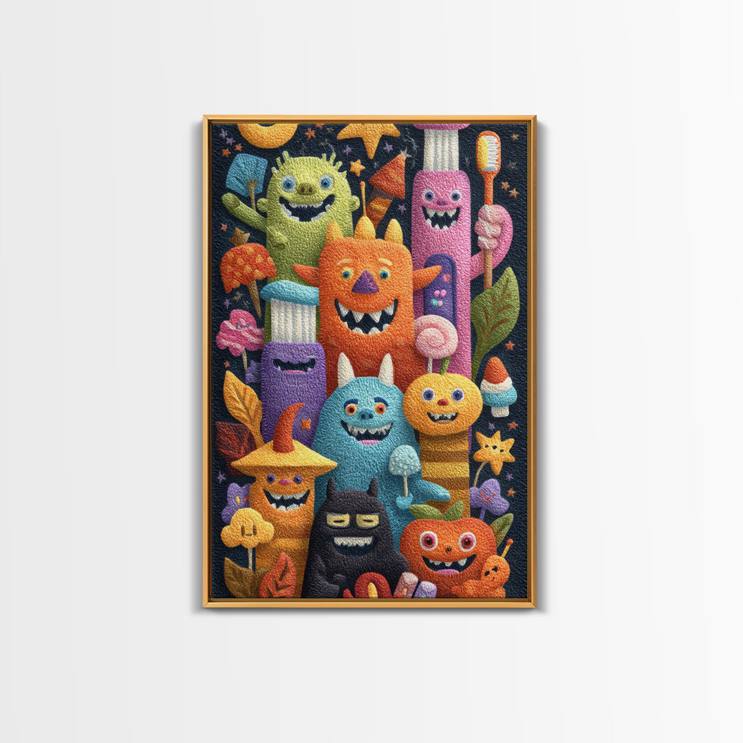 The Monster Toothbrush Club, Felt Halloween Art, Vertical Wall Art, Canvas Print, Cute Halloween Wall Art