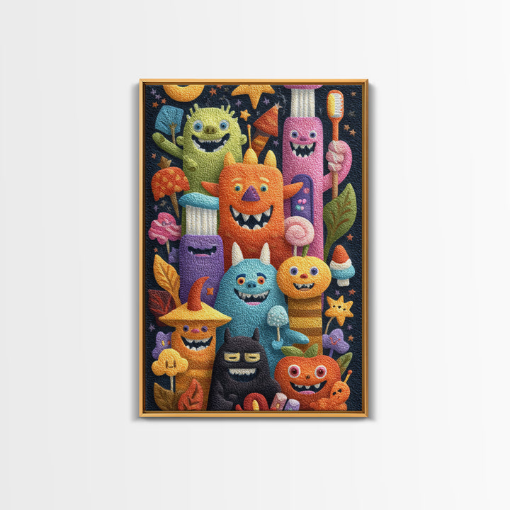 The Monster Toothbrush Club, Felt Halloween Art, Vertical Wall Art, Canvas Print, Cute Halloween Wall Art