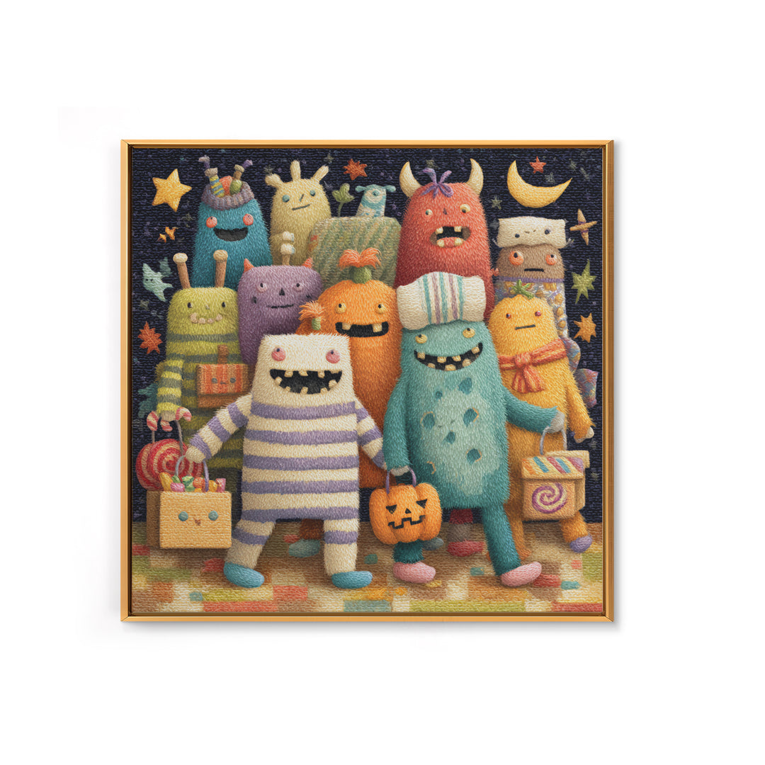 The Monster Pajama Parade, Plush Halloween Art, Square Wall Art, Canvas Print, Cute Halloween Wall Art