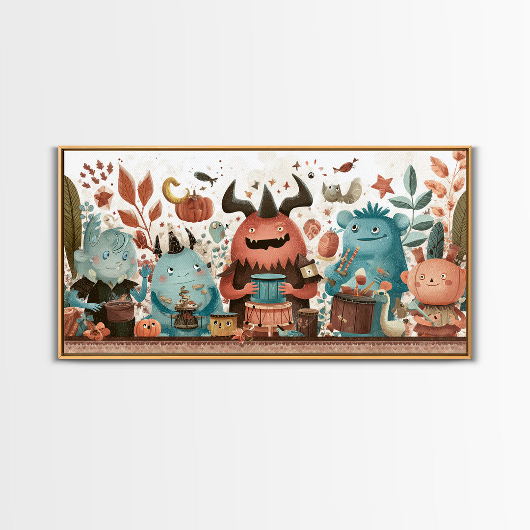 The Little Monster Orchestra, Kawaii Halloween Art, Wide Panoramic Art, Framed Canvas Print, Cute Halloween Wall Art
