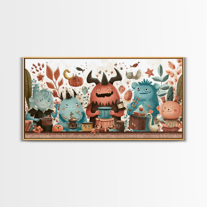 The Little Monster Orchestra, Kawaii Halloween Art, Wide Panoramic Art, Framed Canvas Print, Cute Halloween Wall Art