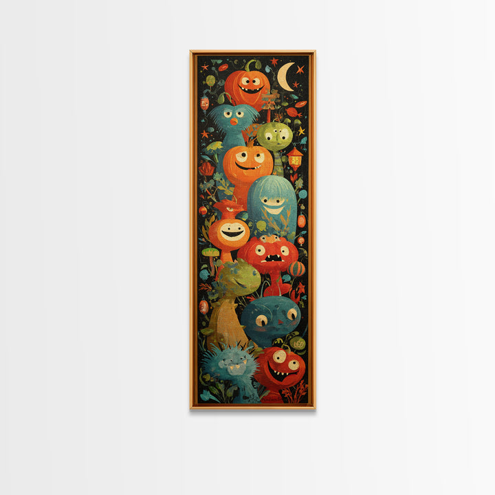The Monster Hide-And-Seek Game, Screenprint Halloween Art, Tall Narrow Wall Art, Framed Canvas Print, Cute Halloween Wall Art