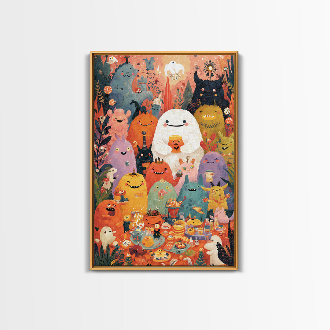 The Monster Friendship Picnic, Folk Halloween Art, Vertical Wall Art, Canvas Print, Cute Halloween Wall Art