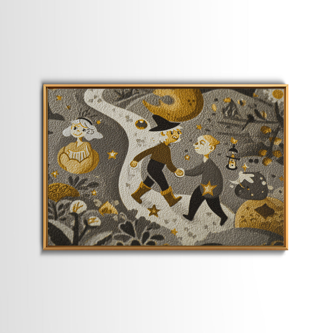 The Trick-Or-Treat Treasure Hunt, Linocut Halloween Art, Landscape Wall Art, Framed Canvas Print, Cute Halloween Wall Art